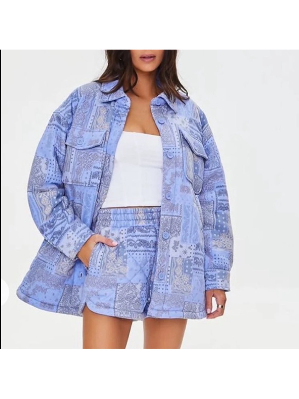 Forever 21 bandana print quilted shacket shirt jacket blue periwinkle festival S